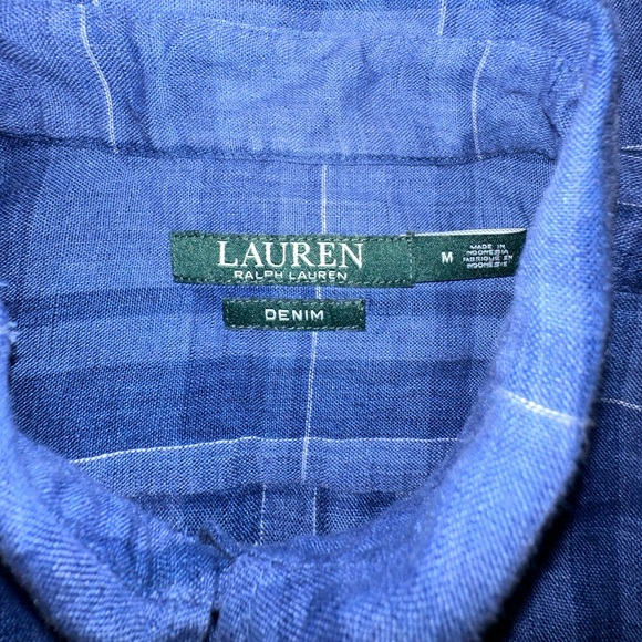 RALPH LAUREN Denim Women's Sz m Linen Plaid Button Shirt Long Sleeve Blue - Picture 3 of 4